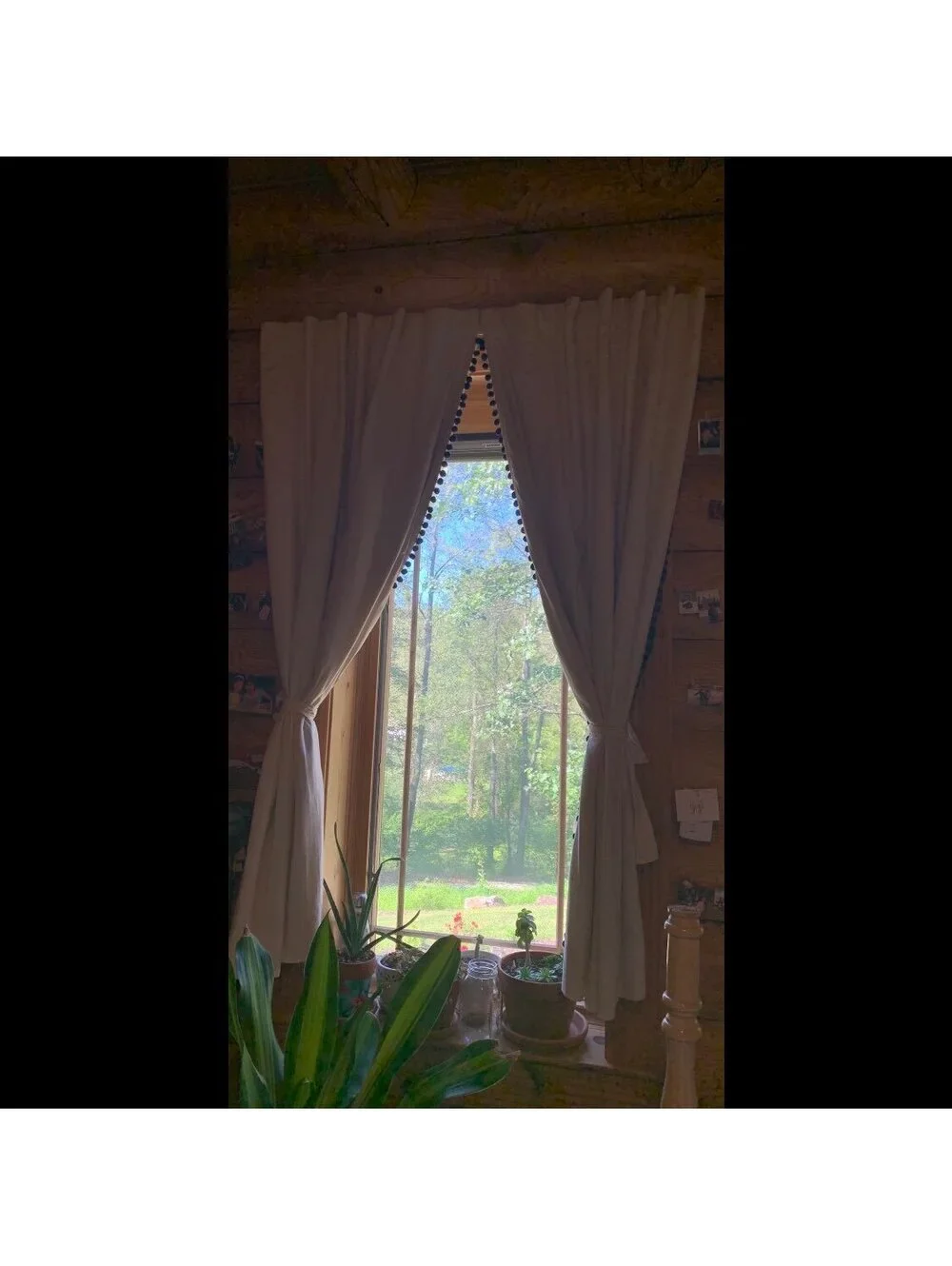 Cream Cotton Curtain Panels with Black Pom Pom Trim and Mounting Hardware